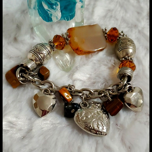 Silvertone Stretchy Chain Mixed Media faux gems yellow brown findings Stackable - Picture 1 of 5